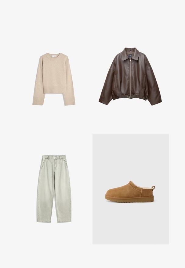 Brun kort jakke i imiteret læder med bred krave, lynlås foran, sidelommer og bælte i taljen. Glat tekstur, afslappet pasform.; Beige cropped sweater lavet af blød strik. Har rund halsudskæring, lange ærmer samt ribbede manchetter og kant for ekstra tekstur.; Lysegrå denimjeans med høj talje, frontknap og lynlås, skrå sidelommer og brede, lige ben.; Brune ruskind slip-on sko med blødt, hvidt pelsfor, flad gummisål, rund tå og lille trækstrop ved hælen.