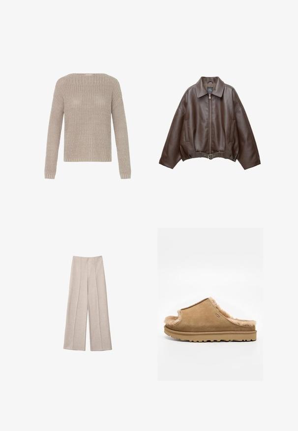 Veste courte en similicuir marron avec un large col, une fermeture éclair frontale, des poches latérales et une taille ceinturée. Texture lisse, coupe décontractée.; Pull en tricot beige clair avec col rond, manches longues et poignets côtelés. Présente une coupe décontractée et un motif texturé sur l'ensemble.; Pantalons larges beiges en tissu doux, avec des plis avant marqués et une taille haute cintrée, sans poches visibles.; Chausson beige en daim à enfiler avec doublure en polaire pelucheuse et semelle en caoutchouc, présentant un logo UGG sur le côté, sur fond blanc uni.
