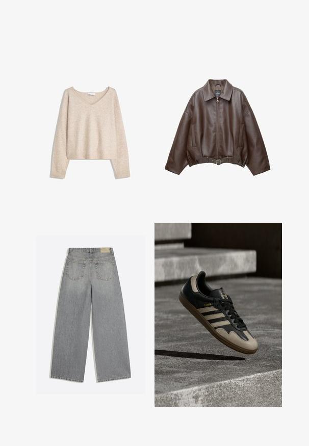 Bruine jack van imitatieleer, kort model, met een brede kraag, ritssluiting aan de voorkant, zijzakken en een tailleband met ceintuur. Gladde textuur, ontspannen pasvorm.; Beige zachte gebreide V-hals trui met lange mouwen en geribbelde manchetten en zoom, weergegeven op een witte achtergrond.; Grijze wijde denim jeans met achterkant met twee zakken en riemlussen plat op een witte achtergrond gelegd.; Zwarte en beige leren sneaker met drie witte strepen, een beige rubberen zool en gouden "Samba"-details aan de zijkant.