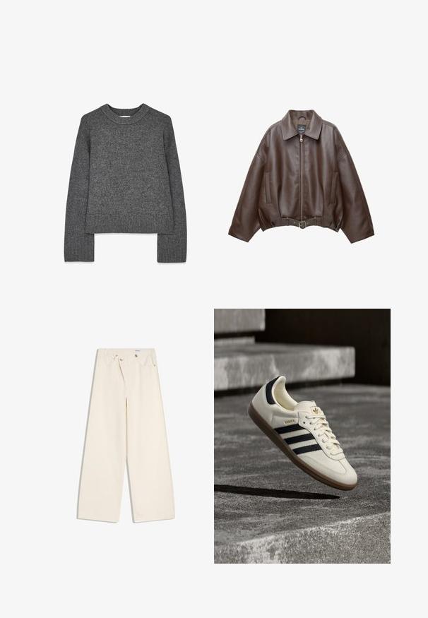 Brun kort jakke i imiteret læder med bred krave, lynlås foran, sidelommer og bælte i taljen. Glat tekstur, afslappet pasform.; Grå strikket sweater med lange ærmer, rund hals, ribbede manchetter og kant. Blød tekstur med et let cropped design.; Off-white bukser med vidde i benene, foranlommer, bærestropper og sølvknapper på linningen og lommekanter.; Hvid Adidas Samba sneaker med sorte striber og gummsål, svævende over teksturerede grå betonstrin.