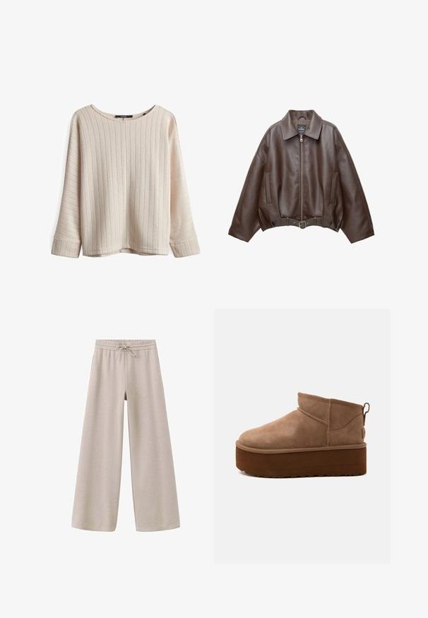 Braune, kurz geschnittene Jacke aus Kunstleder mit weitem Kragen, vorderem Reißverschluss, Seitentaschen und einem Taillengürtel. Glatte Textur, entspannte Passform.; Helle beige Pullover mit vertikaler Rippung, weitem Boot-Ausschnitt und lockerer Passform. Strukturierter Stoff, lange Ärmel mit verlängerten Bündchen.; Beige weite Hose mit elastischem Bund und Kordelzug aus weichem Stoff, für den Freizeitgebrauch entworfen.; Brauner, halbhoher Slipper-Stiefel aus Wildleder mit dicker Plateausohle und Zuglasche hinten vor hellem Hintergrund.