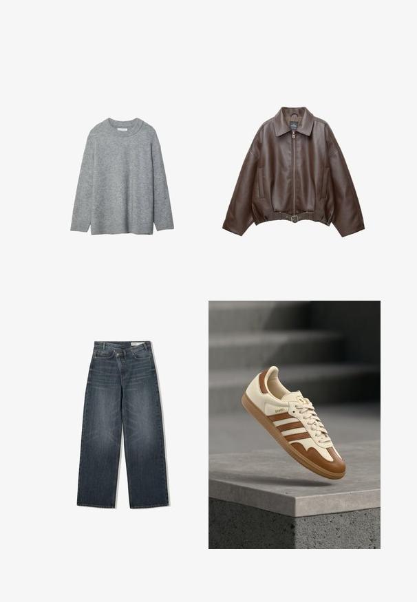 Brun kort jakke i imiteret læder med bred krave, lynlås foran, sidelommer og bælte i taljen. Glat tekstur, afslappet pasform.; Grå strikket sweater med rund halsudskæring, sænkede skuldre og ribstrikkede manchetter. Blød tekstur og løs pasform. Ingen mønstre eller accenter.; Mørk vaskede denim jeans med en bred benudskæring, der har høj talje, fem lommer og diskrete slidser på forsiden.; Klassisk sneaker med øverste del i cremefarvet læder, brune accenter, tre striber og en tekstureret gummisål. Har en rundet snude og snørelukning.