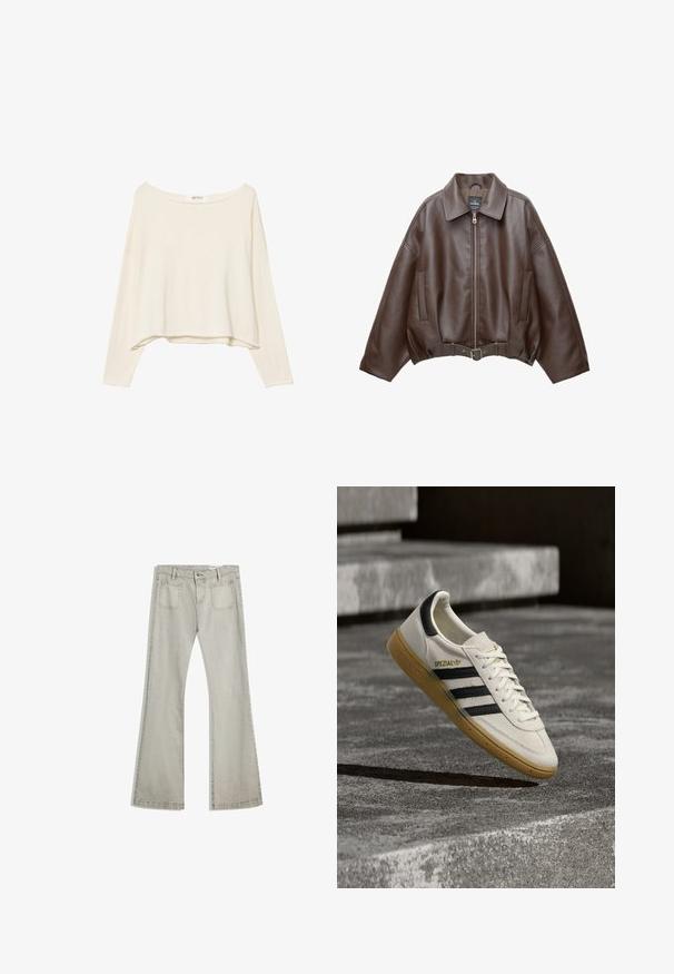 Brun kort jakke i imiteret læder med bred krave, lynlås foran, sidelommer og bælte i taljen. Glat tekstur, afslappet pasform.; Lys beige cropped sweatshirt med bred halsudskæring, lange ærmer og et blødt, tekstureret stof. Har en afslappet, boxy pasform.; Udvidede jeans i lys grå denim, med knaplukning, fem lommer og subtile stikninger langs sømmene.; Hvid Adidas Spezial sneaker med sorte striber og gummisål, svævende over grå stentrin udendørs.