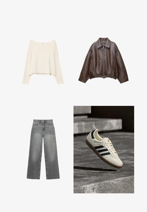 Brun kort jakke i imiteret læder med bred krave, lynlås foran, sidelommer og bælte i taljen. Glat tekstur, afslappet pasform.; Lys beige cropped sweatshirt med bred halsudskæring, lange ærmer og et blødt, tekstureret stof. Har en afslappet, boxy pasform.; Grå brede jeans lavet af denim, med en mellemhøj talje, fem lommer og subtil falmning på benene.; Hvid Adidas Samba sneaker med sorte striber og gummsål, svævende over teksturerede grå betonstrin.