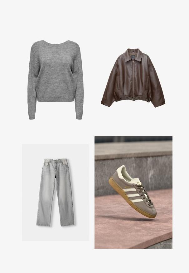 Brun kort jakke i imiteret læder med bred krave, lynlås foran, sidelommer og bælte i taljen. Glat tekstur, afslappet pasform.; Blød grå strikket sweater med lange ærmer, rund halsudskæring og ribbede manchetter og kant, vist forfra på en hvid baggrund.; Lys grå denim jeans med lige pasform, der har to frontlommer, en knappelukning og diskrete slidser for tekstur.; Lysebrun ruskinds Adidas-sneaker med hvide striber og gummisål, svævende over lyserøde stentrapper udendørs.