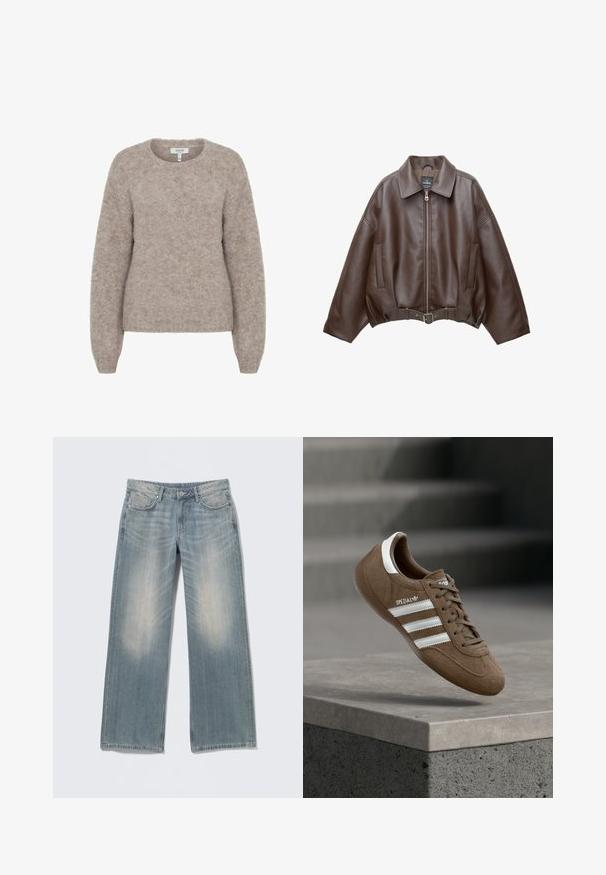 Brun kort jakke i imiteret læder med bred krave, lynlås foran, sidelommer og bælte i taljen. Glat tekstur, afslappet pasform.; b.young BYMILLER - Striktrøje - humus melange; Lyseblå jeans med vide ben og falmet finish, lavet af denim. Har bæltestropper, forlommer og lynlås med knaplukning.; Brun ruskind Adidas Spezial sneaker med hvide striber og snørebånd, svævende over en grå betonkantring mod en sløret baggrund af trapper.