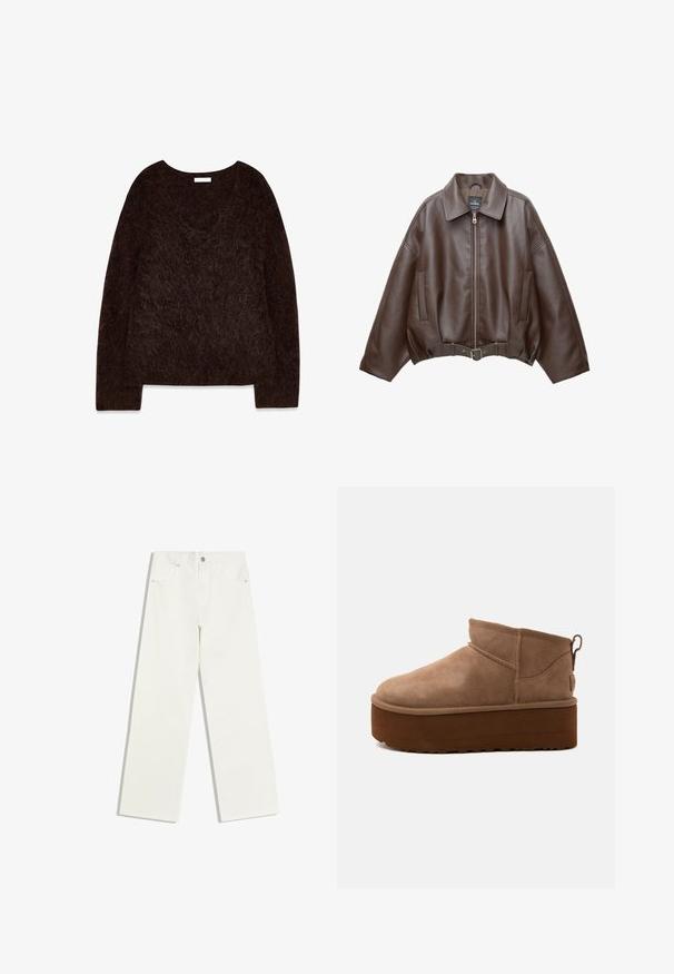 Veste courte en similicuir marron avec un large col, une fermeture éclair frontale, des poches latérales et une taille ceinturée. Texture lisse, coupe décontractée.; Pull en maille brun avec un décolleté en V, des manches longues et une texture douce et pelucheuse. Le design est surdimensionné avec une coupe décontractée et un minimalisme dans les détails.; Jean blanc taille haute, jambes droites, avec poches avant et fermeture à bouton sur fond blanc.; Bottine marron en daim de hauteur moyenne, style slip-on, avec une semelle épaisse compensée et un onglet à l’arrière sur fond clair.