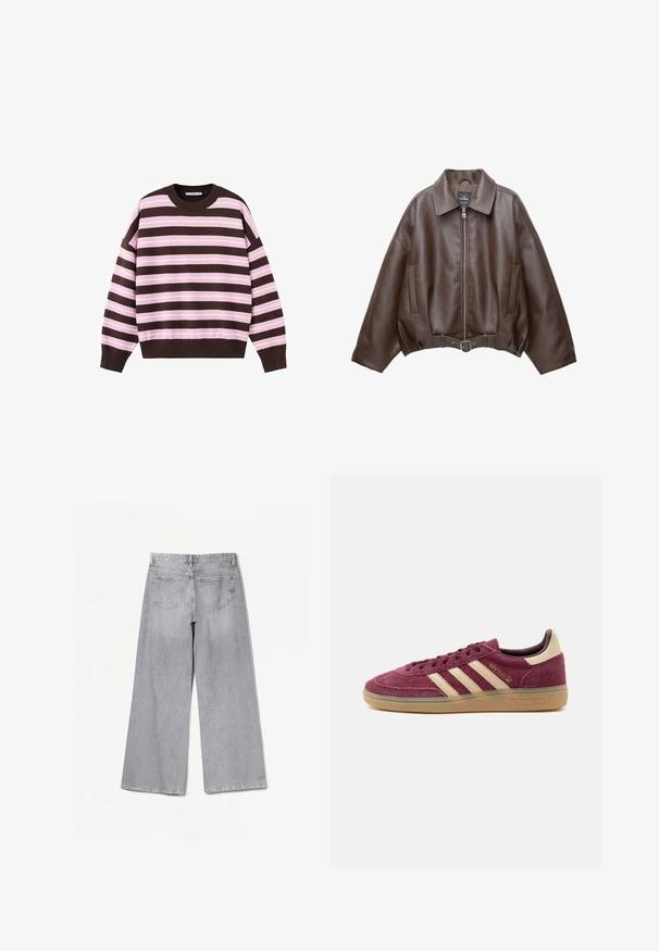 Veste courte en similicuir marron avec un large col, une fermeture éclair frontale, des poches latérales et une taille ceinturée. Texture lisse, coupe décontractée.; Pull à manches longues avec col rond, rayures horizontales marron et rose clair, poignets et ourlet côtelés.; Jean large gris à taille haute, avec une texture lisse, deux poches arrière et des détails de couture subtils.; Baskets basses en daim bordeaux avec bandes Adidas beige, semelle en gomme et lettrage doré "Spezial" sur le côté, présentées sur fond blanc.