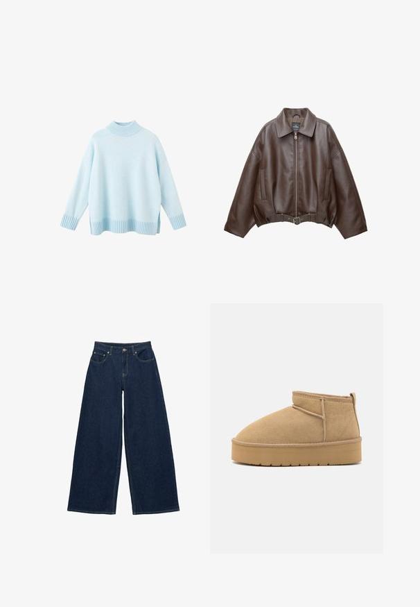 Veste courte en similicuir marron avec un large col, une fermeture éclair frontale, des poches latérales et une taille ceinturée. Texture lisse, coupe décontractée.; Pull surdimensionné bleu clair en maille douce, doté d'un col montant et de poignets côtelés, avec des fentes sur les côtés à l'ourlet.; Jean en denim bleu foncé à jambes larges avec poches avant, passants pour ceinture et fermeture par bouton à la taille, présenté à plat sur fond blanc.; Bottines en daim beige à bout rond, avec des coutures minimales et une semelle en caoutchouc brun clair arborant un motif texturé.