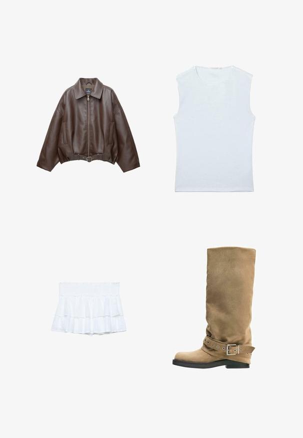 Veste courte en similicuir marron avec un large col, une fermeture éclair frontale, des poches latérales et une taille ceinturée. Texture lisse, coupe décontractée.; Débardeur sans manches en coton blanc avec encolure ronde et un design simple et uni.; Shorts blancs à volants avec une taille smockée, dotés de tissu superposé et de détails texturés subtils. Design léger et décontracté.; Botte mi-mollet en daim beige avec semelle plate noire et sangle décorative avec boucle en métal autour de la cheville.