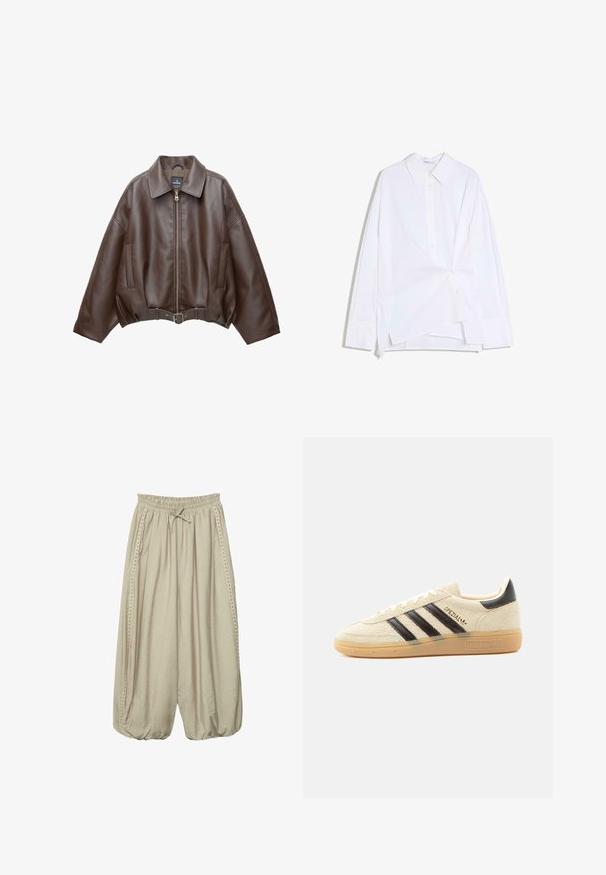 Veste courte en similicuir marron avec un large col, une fermeture éclair frontale, des poches latérales et une taille ceinturée. Texture lisse, coupe décontractée.; Chemise blanche à manches longues avec boutons, devant asymétrique torsadé et col classique, présentée sur un fond blanc.; Pantalon large beige ample avec taille élastique, lien coulissant, poches latérales et détails cloutés le long des coutures extérieures.; Baskets en daim crème avec des rayures noires, semelle en gomme, languette noire au talon et texte doré "SPEZIAL" sur le côté.