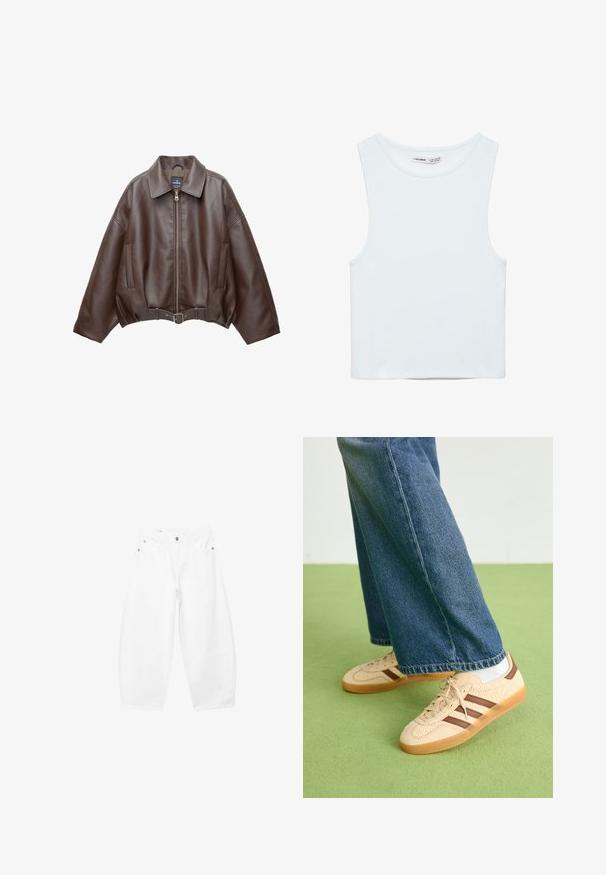 Braune, kurz geschnittene Jacke aus Kunstleder mit weitem Kragen, vorderem Reißverschluss, Seitentaschen und einem Taillengürtel. Glatte Textur, entspannte Passform.; Weißes ärmelloses Crop-Top mit rundem Ausschnitt, aus glattem Stoff, mit dem Label Pull&Bear, geeignet für den Alltag.; Weiße Jeans mit weitem Bein, vorne mit Knöpfen und Reißverschluss, Gürtelschlaufen sowie Seitentaschen und vorderen Taschen, auf einem einfarbigen Hintergrund präsentiert.; Beige Sneakers mit strukturierten cremefarbenen Paneelen und braunen Streifen, kombiniert mit blauen Jeans. Die Jeans haben einen weiten Beinschnitt und einen fransigen Saum.