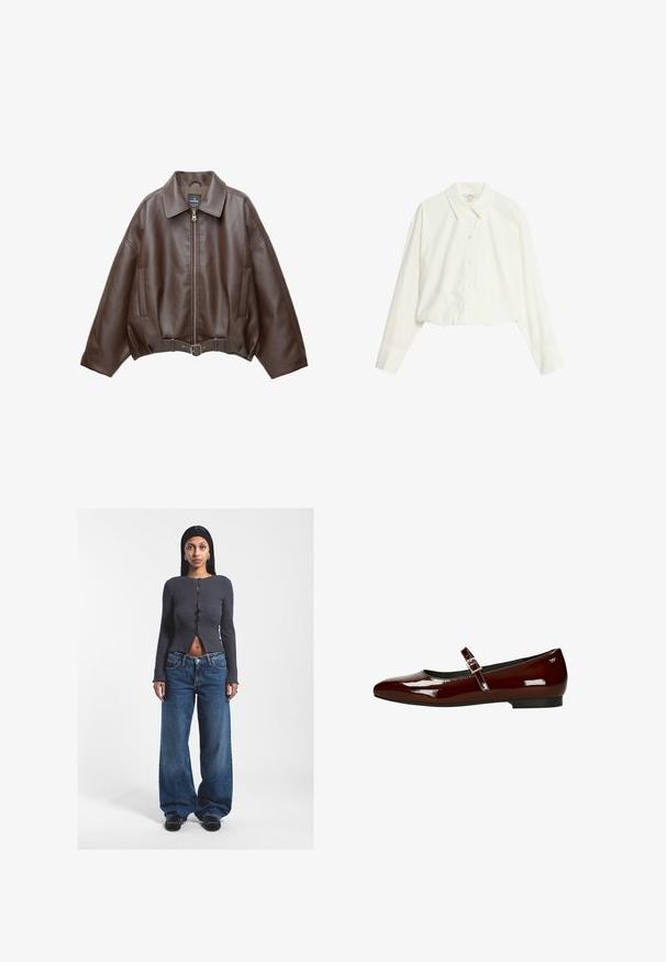 Bruine jack van imitatieleer, kort model, met een brede kraag, ritssluiting aan de voorkant, zijzakken en een tailleband met ceintuur. Gladde textuur, ontspannen pasvorm.; Witte cropped button-up shirt met een puntig kraag, lange mouwen en een soepele textuur. Kenmerkt zich door front knopen en een getailleerde pasvorm.; Grijze geribbelde crop top met lange mouwen en een vooropening, gecombineerd met losse blauwe hoge taille spijkerbroeken. Zwarte schoenen.; Bordeaux lakleren ballerina's met een lage hak, vierkante neus en verstelbare band met een goudkleurige gespsluiting.