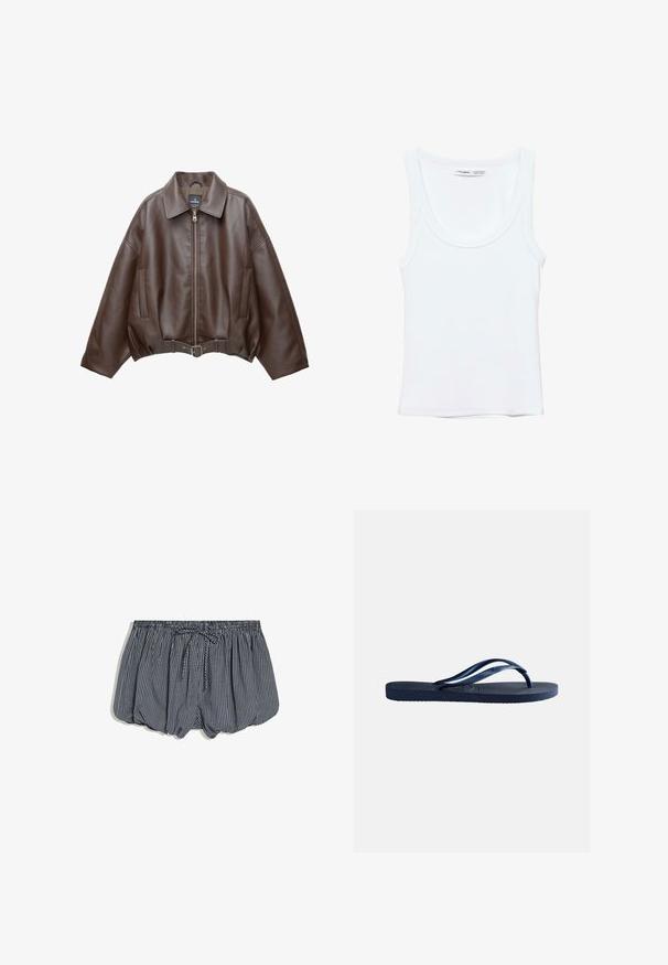 Braune, kurz geschnittene Jacke aus Kunstleder mit weitem Kragen, vorderem Reißverschluss, Seitentaschen und einem Taillengürtel. Glatte Textur, entspannte Passform.; Schlichtes weißes ärmelloses Tanktop mit Rundhalsausschnitt, aus weichem Stoff, Etikett im Kragen zeigt Marken- und Größenangaben.; Marineblaue und weiß karierte Shorts mit elastischem Bund und vorderem Kordelzug, auf weißem Hintergrund dargestellt.; Marineblaue Gummi-Zehentrenner mit strukturierter Sohle und Y-förmigen Riemen, isoliert vor schlichtem hellgrauem Hintergrund.