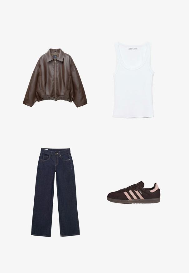 Braune, kurz geschnittene Jacke aus Kunstleder mit weitem Kragen, vorderem Reißverschluss, Seitentaschen und einem Taillengürtel. Glatte Textur, entspannte Passform.; Schlichtes weißes ärmelloses Tanktop mit Rundhalsausschnitt, aus weichem Stoff, Etikett im Kragen zeigt Marken- und Größenangaben.; Dunkelblaue, weit geschnittene Jeans aus Denim mit Knopf- und Reißverschluss, fünf Taschen und gelben Nähten.; Schwarzer Wildleder-Sneaker mit drei pinkfarbenen Streifen, rundem Zehenbereich, Gummisohle und gepolstertem Schaft. Verfügt über geprägte Markenzeichen an der Seite und der Zunge.