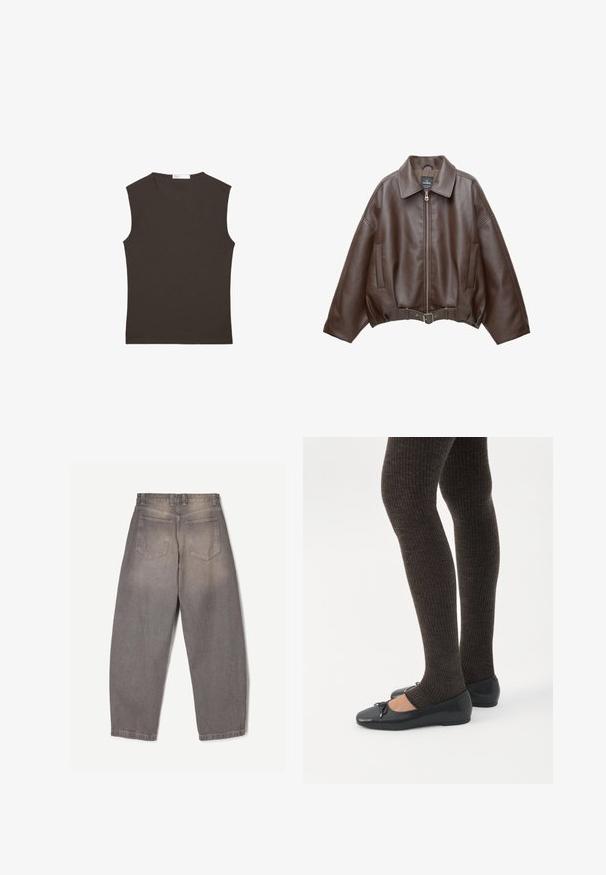 Veste courte en similicuir marron avec un large col, une fermeture éclair frontale, des poches latérales et une taille ceinturée. Texture lisse, coupe décontractée.; Débardeur sans manches brun foncé à col rond avec ourlet droit, présenté à plat sur un fond blanc.; Jean en denim gris vu de dos avec deux poches arrière, passants de ceinture et une coupe légèrement fuselée.; Jambes portant des leggings côtelés foncés associés à des ballerines noires avec de petits détails en nœud sur fond blanc.