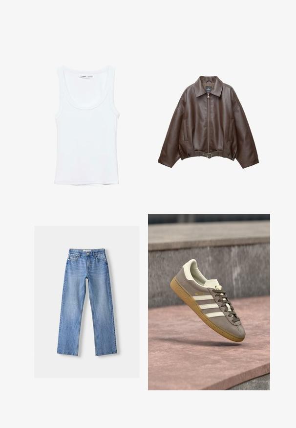 Braune, kurz geschnittene Jacke aus Kunstleder mit weitem Kragen, vorderem Reißverschluss, Seitentaschen und einem Taillengürtel. Glatte Textur, entspannte Passform.; Schlichtes weißes ärmelloses Tanktop mit Rundhalsausschnitt, aus weichem Stoff, Etikett im Kragen zeigt Marken- und Größenangaben.; Hellblaue Denim-Jeans mit geradem Bein, fünf Taschen, Knopfverschluss vorne und subtilen Verwaschungen für Textur.; Hellbrauner Adidas-Sneaker aus Wildleder mit weißen Streifen und einer braunen Gummisohle, schwebt über rosa Steinstufen im Freien.