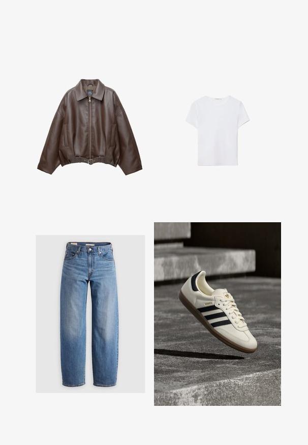 Brun kort jakke i imiteret læder med bred krave, lynlås foran, sidelommer og bælte i taljen. Glat tekstur, afslappet pasform.; Hvid kortærmet t-shirt lavet af blødt stof. Har en rund halsudskæring og et simpelt, rent design med en lige underkant.; Lysblå lige ben jeans lavet af denim. Har et klassisk fem-lomme design og subtile falmede områder langs benene.; Hvid Adidas Samba sneaker med sorte striber og gummsål, svævende over teksturerede grå betonstrin.