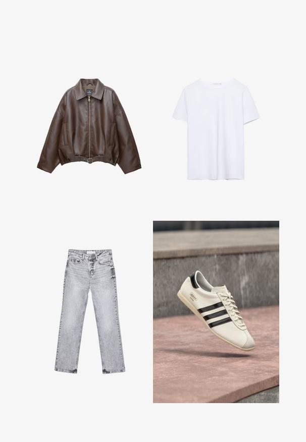 Braune, kurz geschnittene Jacke aus Kunstleder mit weitem Kragen, vorderem Reißverschluss, Seitentaschen und einem Taillengürtel. Glatte Textur, entspannte Passform.; Ein einfarbiges weißes T-Shirt mit kurzen Ärmeln und Rundhalsausschnitt, mit geradem Saum, auf einem weißen Hintergrund präsentiert.; Graue Jeans aus Denim mit geradem Bein, mit Used-Effekten, fünf Taschen und kupferfarbenen Nieten. Der Bund verfügt über ein Logoshirt.; Weißer Adidas-Sneaker mit schwarzen Streifen und beige-farbener Sohle, der über einer rosa gefärbten Betonfläche und einem grauen Steinhintergrund schwebt.
