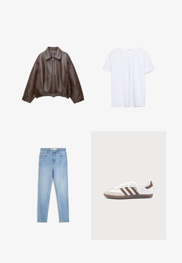 Brun kort jakke i imiteret læder med bred krave, lynlås foran, sidelommer og bælte i taljen. Glat tekstur, afslappet pasform.; Simpel hvid kortærmet t-shirt med rund hals og lige kant, præsenteret på en hvid baggrund.; Lyseblå denimjeans med høj talje, slanke ben, frontlommer og lynlåsgylf. Stoffet har en subtil falmet vask.; Hvid Adidas Samba sneaker med brune ruskindstriber, brun gummisål og beige ruskindståhætte, vist fra ydersiden på en ensfarvet baggrund.