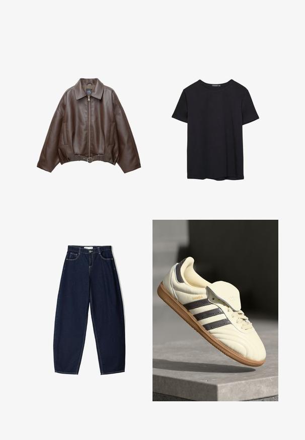 Brun kort jakke i imiteret læder med bred krave, lynlås foran, sidelommer og bælte i taljen. Glat tekstur, afslappet pasform.; Simpel sort kortærmet bomulds T-shirt med rund hals, præsenteret på en hvid baggrund.; Mørkeblå denimbukser med løs pasform, der har fem lommer, kontrasterende syninger og lynlåslukning foran.; Cremefarvede lædersneakers med tre mørke striber, en brun gummisål og en afrundet tå. Har en foldbar tunge mærket "SAMBA."
