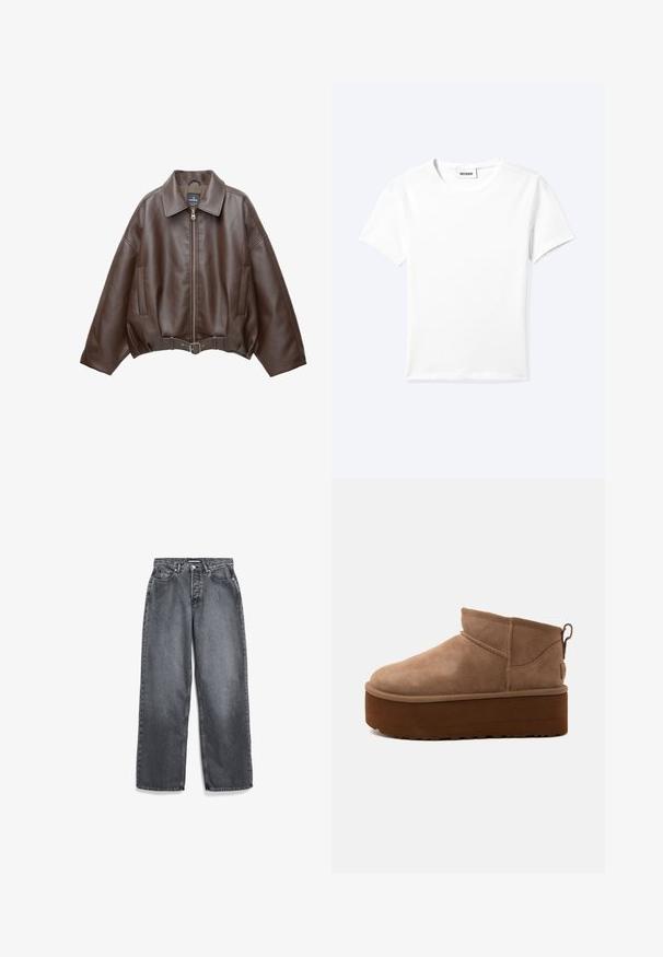 Bruine jack van imitatieleer, kort model, met een brede kraag, ritssluiting aan de voorkant, zijzakken en een tailleband met ceintuur. Gladde textuur, ontspannen pasvorm.; Effen wit T-shirt met korte mouwen en ronde hals met een klein "WEEKDAY" label aan de binnenkant van de hals, plat neergelegd op een lichte achtergrond.; Donkergrijze rechte jeans met voorzakken, riemlussen, knoop en ritssluiting.; Halve hoogte bruine suède instapschoen met dikke plateauzool en een trek-lus aan de achterkant tegen een lichte achtergrond.
