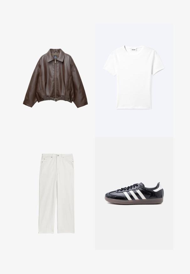 Bruine jack van imitatieleer, kort model, met een brede kraag, ritssluiting aan de voorkant, zijzakken en een tailleband met ceintuur. Gladde textuur, ontspannen pasvorm.; Effen wit T-shirt met korte mouwen en ronde hals met een klein "WEEKDAY" label aan de binnenkant van de hals, plat neergelegd op een lichte achtergrond.; Witte denim jeans met een rechte pijpdesign, voorzien van voorkruiden en metalen knoopaccenten. Gladde textuur met minimale stikdetails.; Zwarte sneaker met een laag profiel, met een gestructureerd slangenhuidpatroon, witte strepen aan de zijkant, zwarte veters en een doorschijnende bruine zool.