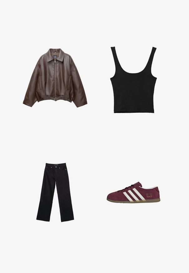 Bruine jack van imitatieleer, kort model, met een brede kraag, ritssluiting aan de voorkant, zijzakken en een tailleband met ceintuur. Gladde textuur, ontspannen pasvorm.; Zwarte gemakkelijke crop top met brede schouderbanden, gemaakt van zachte stof, met een gladde textuur en een minimalistisch ontwerp.; Zwarte denim wijde broek met een hoge taille, zichtbare stiksels en vier zakken. De stof heeft een zachte, gladde textuur met een minimale glans.; Bordeauxrode suède sneaker met witte strepen, een ronde neus en een buitenzool van gum rubber. Voorzien van een logolabel aan de buitenkant.