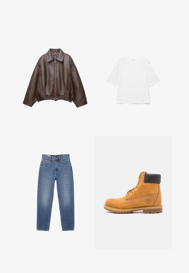 Brun kort jakke i imiteret læder med bred krave, lynlås foran, sidelommer og bælte i taljen. Glat tekstur, afslappet pasform.; Hvid oversize T-shirt med korte ærmer og rund hals, ensfarvet design og skuldersømme, der er sænket, på hvid baggrund.; Blå denimjeans med lige ben, fem-lomme stil og synlige syninger på hvid baggrund.; Brune læder ankelstøvle med sort polstring, gyldne øsken og en tekstureret sål. Har et cirkulært logo på siden og synlige syninger.