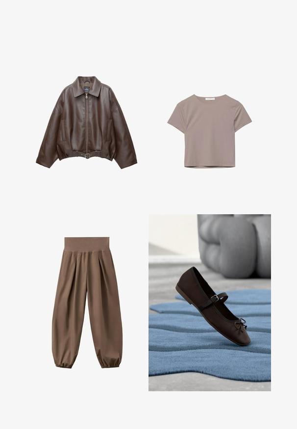 Veste courte en similicuir marron avec un large col, une fermeture éclair frontale, des poches latérales et une taille ceinturée. Texture lisse, coupe décontractée.; T-shirt court à manches courtes unie en taupe neutre avec un col rond, présenté sur un fond blanc.; Pantalon ample marron taille haute avec poignets élastiques froncés et plis avant, présenté sur un fond blanc.; Chaussure plate Mary Jane marron foncé avec boucle et détail nœud reposant sur un tapis texturé bleu ondulé, et un canapé gris rembourré en arrière-plan.