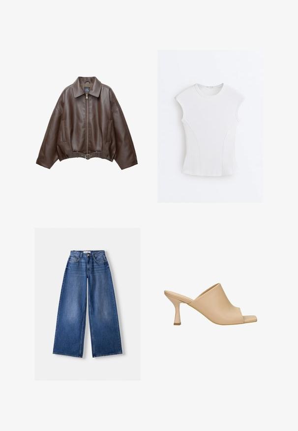 Veste courte en similicuir marron avec un large col, une fermeture éclair frontale, des poches latérales et une taille ceinturée. Texture lisse, coupe décontractée.; Haut sans manches blanc côtelé avec encolure ronde et détails de coutures courbes sur un fond blanc uni.; Jeans en denim bleu à jambes larges avec poches avant, passants de ceinture et fermeture par bouton, posés à plat sur un fond clair.; Mules beige à bout ouvert avec une tige courbée, en cuir lisse, et un talon bloc de hauteur intermédiaire avec un accent de base contrastant.