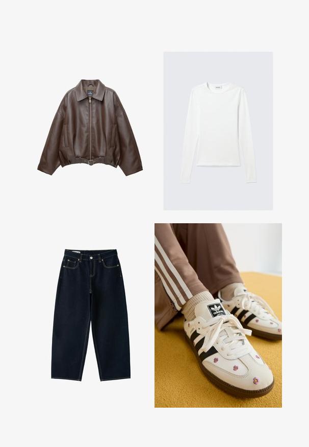 Veste courte en similicuir marron avec un large col, une fermeture éclair frontale, des poches latérales et une taille ceinturée. Texture lisse, coupe décontractée.; T-shirt blanc uni à manches longues avec col rond et coupe slim, présenté sur un fond gris clair.; Jean bleu foncé à jambes larges, taille haute, bouton sur le devant, fermeture éclair et cinq poches avec coutures apparentes.; Baskets en cuir blanc avec trois rayures noires et broderie florale en violet et jaune. Semelle en caoutchouc marron. Assorties à des chaussettes côtelées beiges.