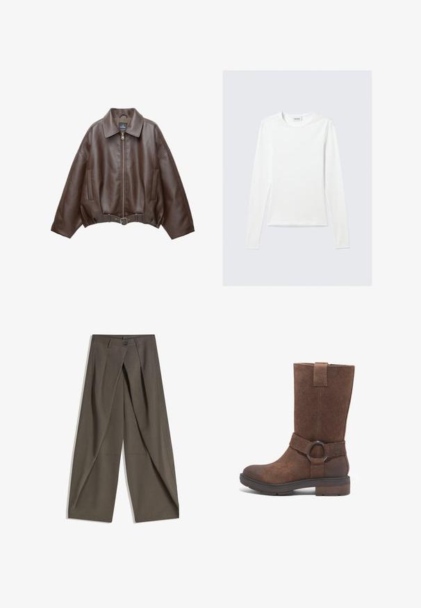 Bruine jack van imitatieleer, kort model, met een brede kraag, ritssluiting aan de voorkant, zijzakken en een tailleband met ceintuur. Gladde textuur, ontspannen pasvorm.; Effen wit shirt met lange mouwen en ronde hals, slim fit, afgebeeld tegen een lichtgrijze achtergrond.; Wijdvallende broek gemaakt van een gestructureerde, donkergrijze stof. Heeft een voorplooien, een knopenluiting en zijzakken voor praktische doeleinden.; Bruine suède hoge laars met een ronde neus, platte hak en een decoratieve band met een cirkelvormige metalen ringaccent.