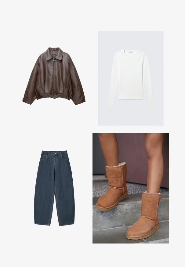 Braune, kurz geschnittene Jacke aus Kunstleder mit weitem Kragen, vorderem Reißverschluss, Seitentaschen und einem Taillengürtel. Glatte Textur, entspannte Passform.; Langärmliges, schlichtes weißes Rundhals-Shirt mit schlanker Passform, dargestellt vor einem hellgrauen Hintergrund.; Dunkelblaue Denim-Hosenträger mit weitem Bein und hoher Taille, ausgestattet mit fünf Taschen und sichtbaren Nähdetails. Sauberes, minimalistisches Design.; Braune Wildleder-Stiefeletten mit runder Spitze, weicher Innenausstattung und Gummisohle, die über sichtbare Nähte entlang der Nähte verfügen.