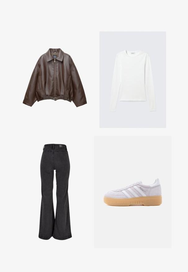 Veste courte en similicuir marron avec un large col, une fermeture éclair frontale, des poches latérales et une taille ceinturée. Texture lisse, coupe décontractée.; T-shirt blanc uni à manches longues avec col rond et coupe slim, présenté sur un fond gris clair.; Jean évasé noir avec une texture lisse, taille haute et un patch de marque à l'arrière. Dispose d'un design à jambe large et d'une coutures renforcées.; Baskets Adidas en daim blanc avec une semelle en gomme, trois bandes blanches et le texte « Spezial » sur le côté, vues de l'intérieur.