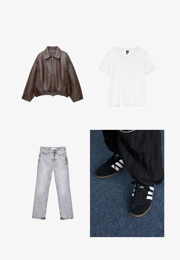 Braune, kurz geschnittene Jacke aus Kunstleder mit weitem Kragen, vorderem Reißverschluss, Seitentaschen und einem Taillengürtel. Glatte Textur, entspannte Passform.; Weißes T-Shirt mit kurzen Ärmeln und rundem Ausschnitt, hergestellt aus leichtem Stoff. Schlichtes Design, glatte Textur und gerader Saum.; Graue Jeans aus Denim mit geradem Bein, mit Used-Effekten, fünf Taschen und kupferfarbenen Nieten. Der Bund verfügt über ein Logoshirt.; Schwarze Wildleder-Sportschuhe mit drei weißen Streifen und schwarzen Schnürsenkeln. Eine strukturierte schwarze Hose ist teilweise neben den Schuhen sichtbar.