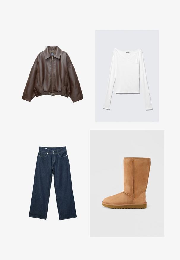 Veste courte en similicuir marron avec un large col, une fermeture éclair frontale, des poches latérales et une taille ceinturée. Texture lisse, coupe décontractée.; Haut blanc à manches longues avec un design croisé et une poche. Fabriqué dans un tissu lisse et extensible. Coupé dans une coupe décontractée et ample.; Jeans en denim bleu foncé à jambes larges avec fermeture à double bouton, poches avant et surpiqûres contrastantes sur fond blanc.; Botte mi-mollet en daim marron clair avec semelle épaisse et coutures visibles, vue de côté extérieur sur un fond uni.