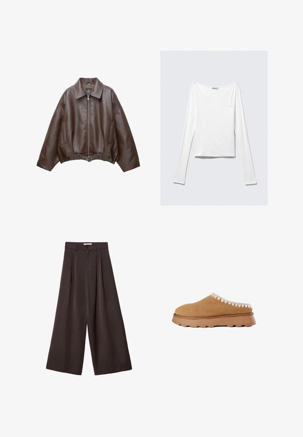 Veste courte en similicuir marron avec un large col, une fermeture éclair frontale, des poches latérales et une taille ceinturée. Texture lisse, coupe décontractée.; Haut blanc à manches longues avec un design croisé et une poche. Fabriqué dans un tissu lisse et extensible. Coupé dans une coupe décontractée et ample.; Pantalon large marron foncé avec plis à l'avant, fermeture par bouton et passants de ceinture, présenté sur un fond blanc.; Chaussure marron en daim à enfiler avec une tige texturée, ornée de coutures décoratives beige le long du bord et d'une semelle en caoutchouc épaisse.