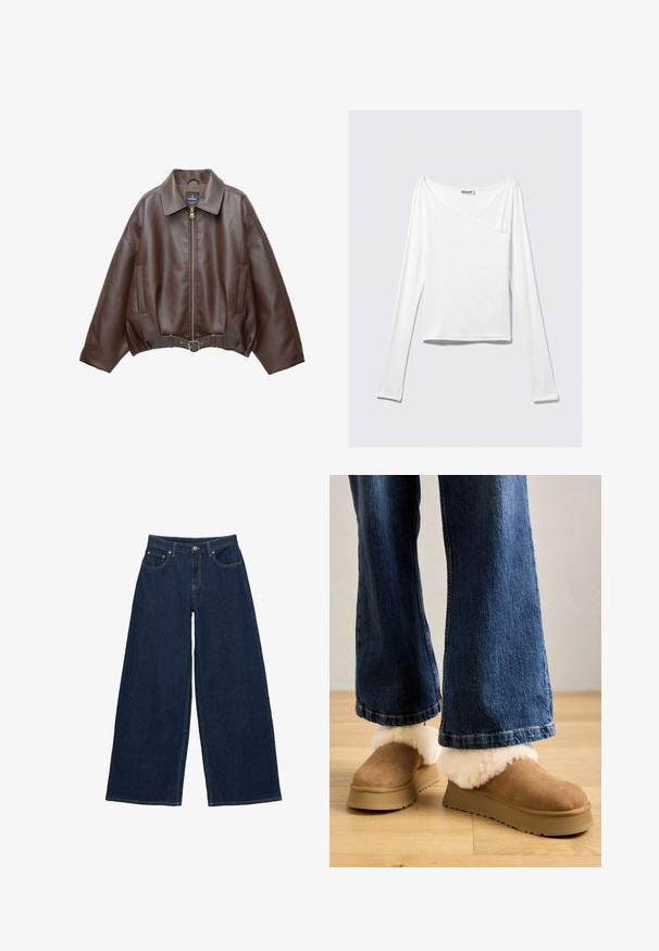 Veste courte en similicuir marron avec un large col, une fermeture éclair frontale, des poches latérales et une taille ceinturée. Texture lisse, coupe décontractée.; Haut blanc à manches longues avec un design croisé et une poche. Fabriqué dans un tissu lisse et extensible. Coupé dans une coupe décontractée et ample.; Jean en denim bleu foncé à jambes larges avec poches avant, passants pour ceinture et fermeture par bouton à la taille, présenté à plat sur fond blanc.; Chaussons en daim marron avec un épais revers en fourrure légère, montés sur une semelle plateforme beige, associés à un jean en denim à coupe large.