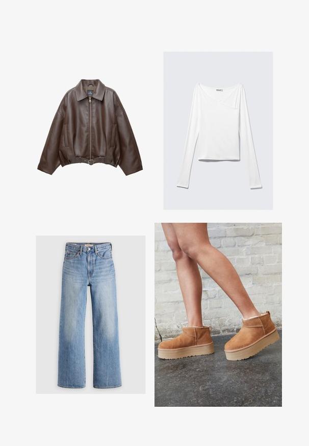 Veste courte en similicuir marron avec un large col, une fermeture éclair frontale, des poches latérales et une taille ceinturée. Texture lisse, coupe décontractée.; Haut blanc à manches longues avec un design croisé et une poche. Fabriqué dans un tissu lisse et extensible. Coupé dans une coupe décontractée et ample.; Jeans larges en denim bleu clair avec une taille haute, zones décolorées, cinq poches et coutures contrastées. Fermeture classique à bouton et à glissière.; Bottines en suède marron avec une doublure en peluche, semelle épaisse en beige et une poignée à l'arrière. Surface texturée avec des détails de couture visibles.