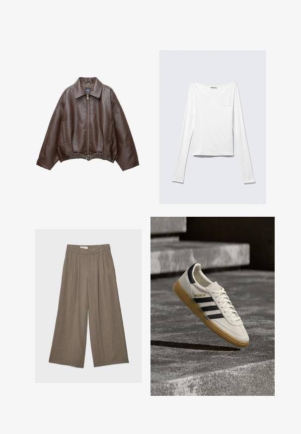 Veste courte en similicuir marron avec un large col, une fermeture éclair frontale, des poches latérales et une taille ceinturée. Texture lisse, coupe décontractée.; Haut blanc à manches longues avec un design croisé et une poche. Fabriqué dans un tissu lisse et extensible. Coupé dans une coupe décontractée et ample.; Pantalon taupe à jambes larges avec plis, poches latérales et ceinture, posé à plat sur un fond uni clair.; Baskets Adidas Spezial blanches avec des rayures noires et une semelle en gomme flottant au-dessus de marches en pierre grises à l'extérieur.