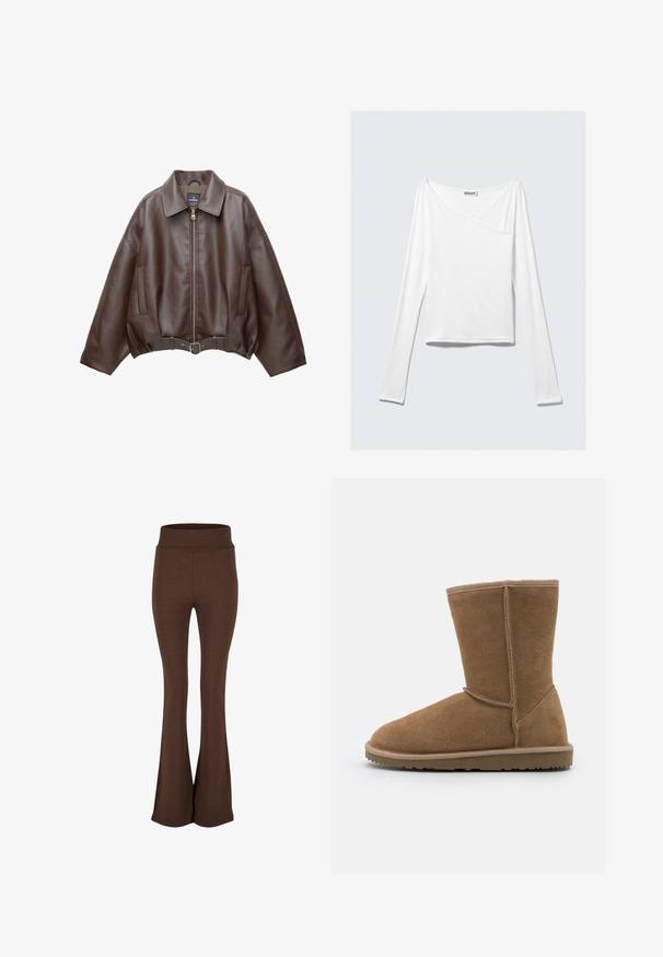 Veste courte en similicuir marron avec un large col, une fermeture éclair frontale, des poches latérales et une taille ceinturée. Texture lisse, coupe décontractée.; Haut blanc à manches longues avec un design croisé et une poche. Fabriqué dans un tissu lisse et extensible. Coupé dans une coupe décontractée et ample.; Pantalon évasé brun en tissu doux et extensible ; il présente une taille haute et une texture lisse sans motifs ni accents visibles.; Bottine en suede marron avec un bout arrondi, des coutures verticales et une semelle en caoutchouc plate. Le design présente des surpiqûres autour de l'ouverture.