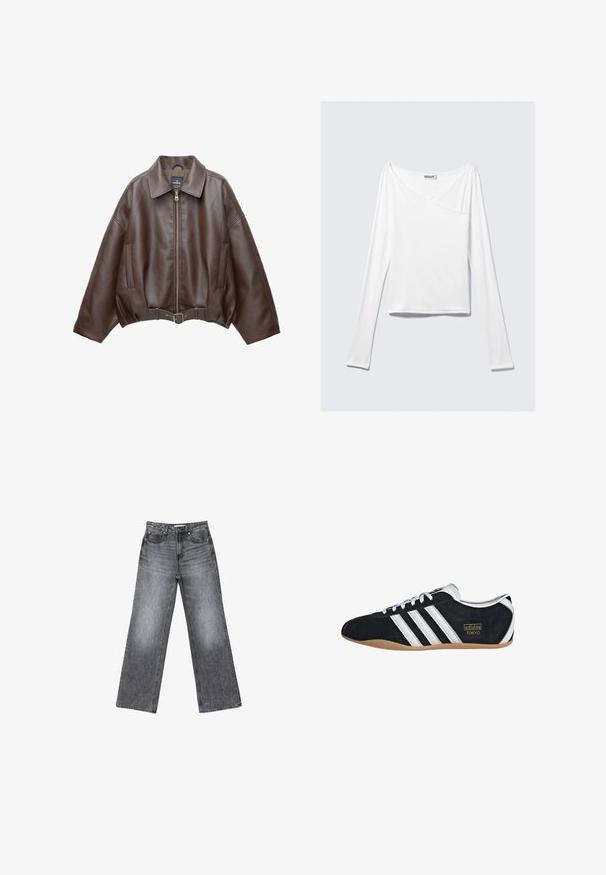 Veste courte en similicuir marron avec un large col, une fermeture éclair frontale, des poches latérales et une taille ceinturée. Texture lisse, coupe décontractée.; Haut blanc à manches longues avec un design croisé et une poche. Fabriqué dans un tissu lisse et extensible. Coupé dans une coupe décontractée et ample.; Jean en denim gris foncé à jambes larges avec une finition délavée, cinq poches, une fermeture à bouton et de subtils détails de couture le long des coutures.; Sneakers en suede noir avec trois bandes blanches, logo doré et semelle en caoutchouc marron. Présente un design à lacets à profil bas.