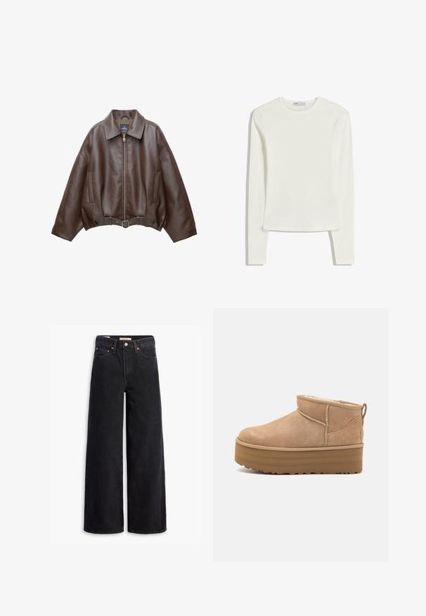 Veste courte en similicuir marron avec un large col, une fermeture éclair frontale, des poches latérales et une taille ceinturée. Texture lisse, coupe décontractée.; Haut à manches longues blanc en tissu doux et lisse. Il présente un col rond et une coupe ajustée avec des détails de couture minimalistes.; Jean noir à jambe large en denim, comportant cinq poches, des rivets en laiton et une fermeture à bouton classique. Texture lisse avec un design épuré.; Bottines en suede beige avec un intérieur moelleux, dotées d'une semelle compensée et d'une languette à l'arrière pour un enfilage facile. Semelle extérieure en caoutchouc texturé.