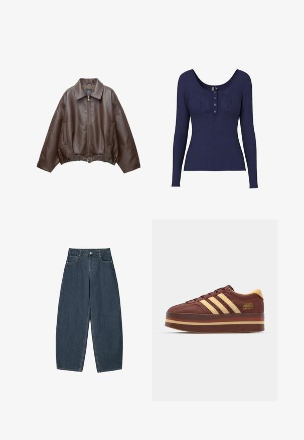 Braune, kurz geschnittene Jacke aus Kunstleder mit weitem Kragen, vorderem Reißverschluss, Seitentaschen und einem Taillengürtel. Glatte Textur, entspannte Passform.; Navyblaue, gerippte Langarmbluse mit runder Ausschnittform und einer Knopfleiste, die in der Mitte drei metallische Knöpfe aufweist.; Dunkelblaue Denim-Hosenträger mit weitem Bein und hoher Taille, ausgestattet mit fünf Taschen und sichtbaren Nähdetails. Sauberes, minimalistisches Design.; Braune Wildledersneaker mit gelben Akzenten, ausgestattet mit drei seitlichen Streifen, einer dicken Plattformsohle und einem goldenen Logodetail.