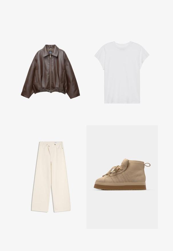 Braune, kurz geschnittene Jacke aus Kunstleder mit weitem Kragen, vorderem Reißverschluss, Seitentaschen und einem Taillengürtel. Glatte Textur, entspannte Passform.; Weißes kurzärmliges T-Shirt mit Rundhalsausschnitt, lockerer Passform, aus weichem Baumwollstoff. Glatte Textur, keine Muster oder Logos.; Off-White weite Hosen mit Vordertaschen, Gürtelschlaufen und silbernen Knöpfen an Bund und Taschenrändern.; Beige Wildleder-Hochtop-Sneaker mit einer dicken Gummisohle, ausgestattet mit einer umklappbaren Zunge, runder Spitze und dekorativen Schnürsenkeln.