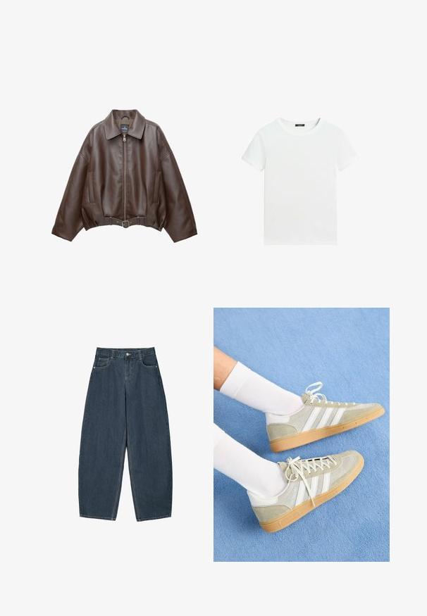 Bruine jack van imitatieleer, kort model, met een brede kraag, ritssluiting aan de voorkant, zijzakken en een tailleband met ceintuur. Gladde textuur, ontspannen pasvorm.; Effen wit T-shirt met korte mouwen, een ronde hals en een klein zwart labeltje aan de binnenkant van de kraag.; Donkerblauwe denim wijde broek met hoge taille, voorzien van vijf zakken en zichtbare stikseldetails. Schoon, minimaal ontwerp.; Lichtgrijze suède sneakers met witte rubberaccenten, featuring drie witte strepen en een gumsole, gedragen met witte sokken op een blauwe achtergrond.