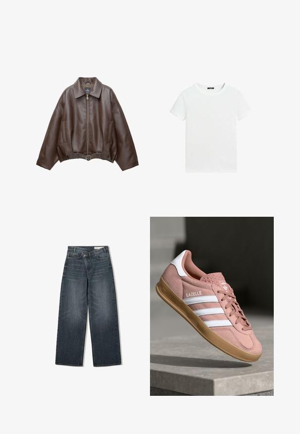 Brun kort jakke i imiteret læder med bred krave, lynlås foran, sidelommer og bælte i taljen. Glat tekstur, afslappet pasform.; Almindelig hvid T-shirt med korte ærmer, rund halsudskæring og lille sort label inden i kraven.; Mørk vaskede denim jeans med en bred benudskæring, der har høj talje, fem lommer og diskrete slidser på forsiden.; Rosa ruskinds sneaker med hvide striber, gummisål, tekstureret overdel og logo på tungen. Klassisk low-top design.