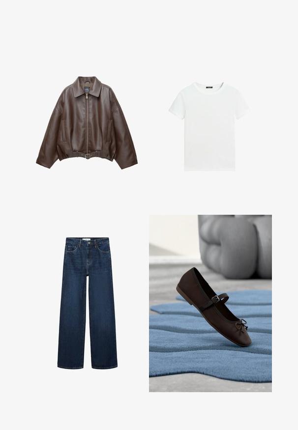 Braune, kurz geschnittene Jacke aus Kunstleder mit weitem Kragen, vorderem Reißverschluss, Seitentaschen und einem Taillengürtel. Glatte Textur, entspannte Passform.; Schlichtes weißes T-Shirt mit kurzen Ärmeln, rundem Halsausschnitt und einem kleinen schwarzen Etikett innen am Kragen.; Weite dunkelblaue Denim-Jeans mit hoher Taille, ausgestattet mit fünf Taschen und einer klassischen Knopfschließe. Glatte Textur und gerader Schnitt.; Dunkelbrauner Mary-Jane-Flachschuh mit Schnalle und Schleifendetail, der auf einem welligen, blauen strukturierten Teppich liegt, im Hintergrund ein graues Polstersofa.