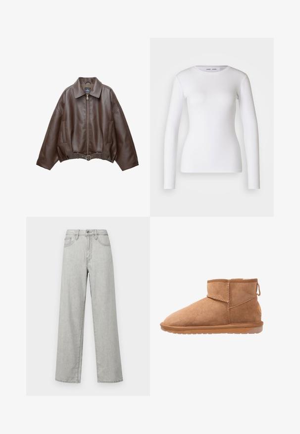 Veste courte en similicuir marron avec un large col, une fermeture éclair frontale, des poches latérales et une taille ceinturée. Texture lisse, coupe décontractée.; Chemise blanche à manches longues en tissu côtelé, avec un col rond et une coupe cintrée. Aucun motif ni accent présent.; Jean large couleur gris clair en denim, doté d'une taille haute, de poches avant et d'une fermeture standard avec un bouton et une fermeture éclair.; Bottines en suede beige avec un bout arrondi, des coutures surpiquées et une semelle en caoutchouc. Elles sont dotées d'une tabulation à l'arrière pour un enfilage facile.